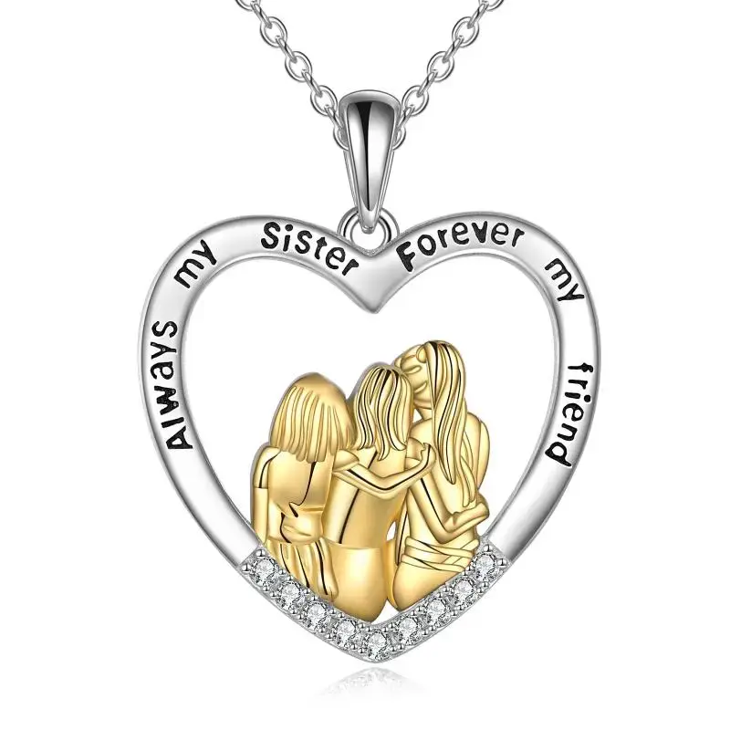 Sterling Silver Two-tone Cubic Zirconia Three Sisters & Heart Pendant Necklace