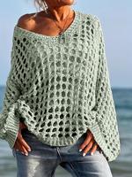 Women's Plain Hollow Out Sweater, Lady Loose Casual Minimalist Long Sleeve Jumper for Summer, Fashion Women's Knitwear for Da...