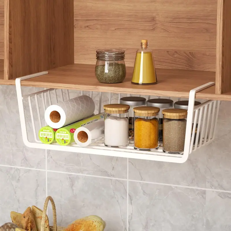 Slide Under Cabinet Storage Shelf, Hanging Storage Basket, Space Saving Add-on Storage Rack, Slide-in Basket Organizer For Ki...