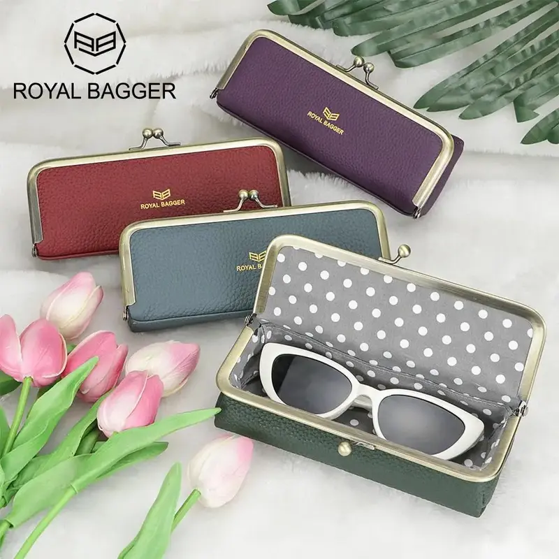 Royal Bagger Genuine Leather Fashion Glasses Case - RFID Blocking, Fashion Pencil Bag with Kiss Lock, Coin Purse for Women 21...