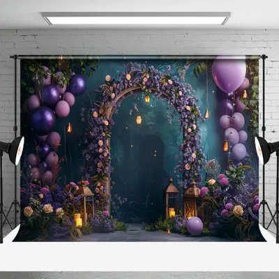 Green Purple Arch Balloons Floral Wedding Backdrop