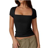QINSEN Women's Square Neck Short Sleeve T Shirts Double Lined Basic Tee Slim Fit Tops Comfort Fabric