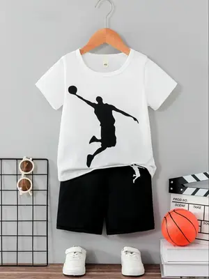 Two-Piece Set Toddler Boy's Basketball Player Print Tee & Elastic Waist Shorts Set, Casual Round Neck Short Sleeve T-Shirt & ...