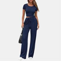 PRETTYGARDEN Women's 2 Piece Outfits Summer Ribbed Knit Button Short Sleeve Crop Slim Fit Tops Casual Wide Leg Pants Lounge S...