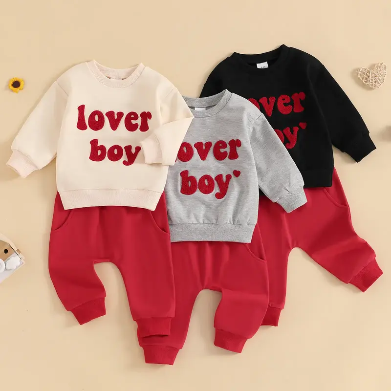 Toddler Baby Boy Valentine's Day Outfit Lover Boy Embroidery Letter Sweatshirt Pullover Tops Jogger Pants Clothes