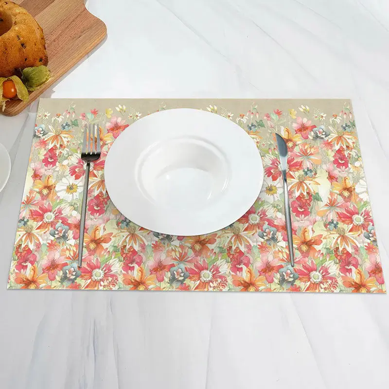 Pink Floral Green Leaves Spring Set Of 4 Placemats - Aperturee
