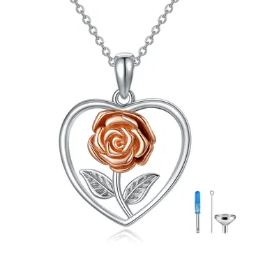 Sterling Silver Two-tone Rose & Heart Urn Necklace for Ashes