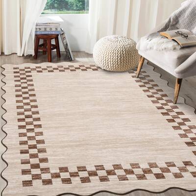 Garvee Bordered Beige 5x7 Washable Rug for Living Room Large Bedroom Scalloped Rug Non Slip Stain Resistant Modern Border Thr...