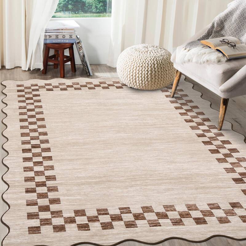 Garvee Bordered Beige 5x7 Washable Rug for Living Room Large Bedroom Scalloped Rug Non Slip Stain Resistant Modern Border Thr...