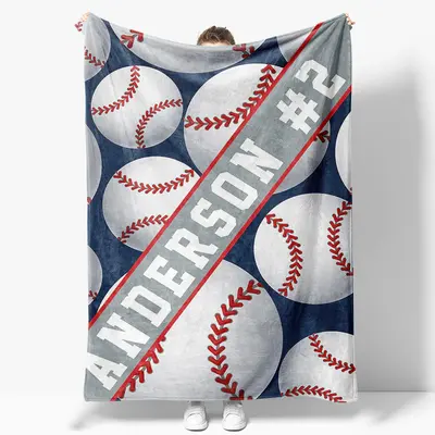 Blue White Baseball Sports Personalized Name Blanket