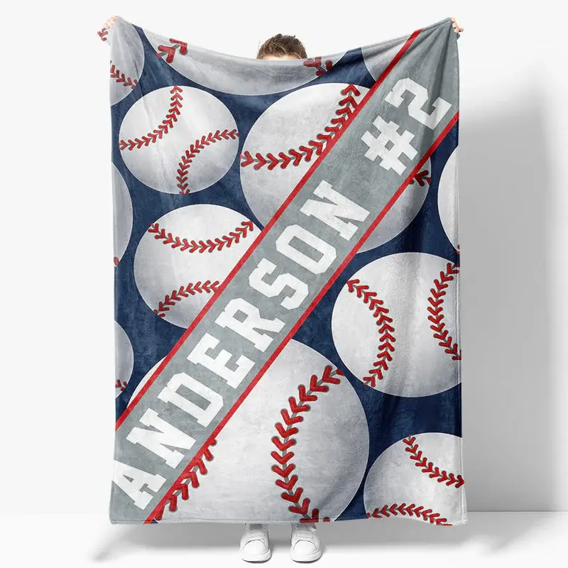 Blue White Baseball Sports Personalized Name Blanket
