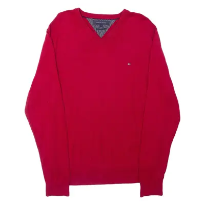 TOMMY HILFIGER Mens Jumper Red V-Neck Tight Knit L