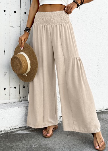 Modlily Beige Flowy Wide Leg Elastic Waist High Waisted Pants - L