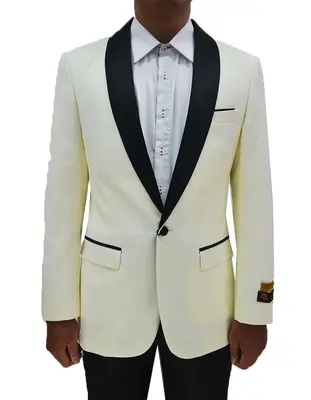 Mens Suit One Button Contrast Shawl Collar Dinner Jacket Ivory & Black