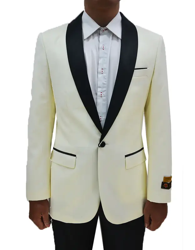 Mens Suit One Button Contrast Shawl Collar Dinner Jacket Ivory & Black