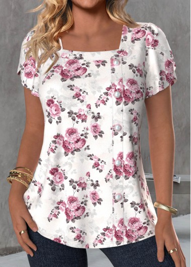 Modlily White Button Floral Print Short Sleeve T Shirt - XXL