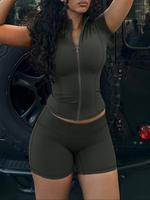 Two-piece Set Women's Solid Zip Up Crop Top & High Waist Shorts Tracksuit Set, Casual Comfy Breathable Outfits for Yoga Gym W...