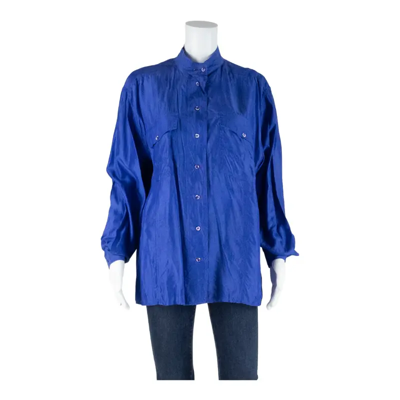 TOUCH SILK Womens Blouse Blue High Neck Long Sleeve Faux Silk L