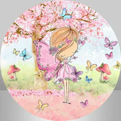 Aperturee Circle Pink Tree Butterfly Happy Birthday Backdrop | Custom Round Backdrop | Circle Background For Party | Round Ba...