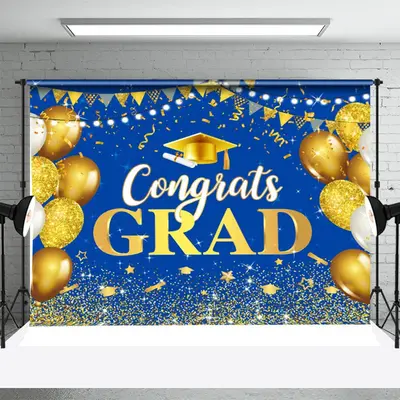 Blue Golden Balloon Sparking Graduation Backdrop - Aperturee