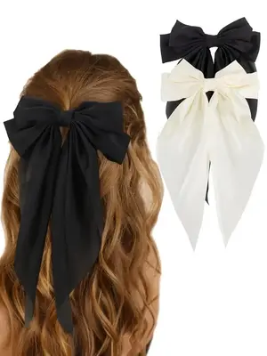 2024 Summer Women's Elegant Trendy Tiered Layered Bowknot Decorated Hair Clips, Simple Style Plain Color Large Size French H...