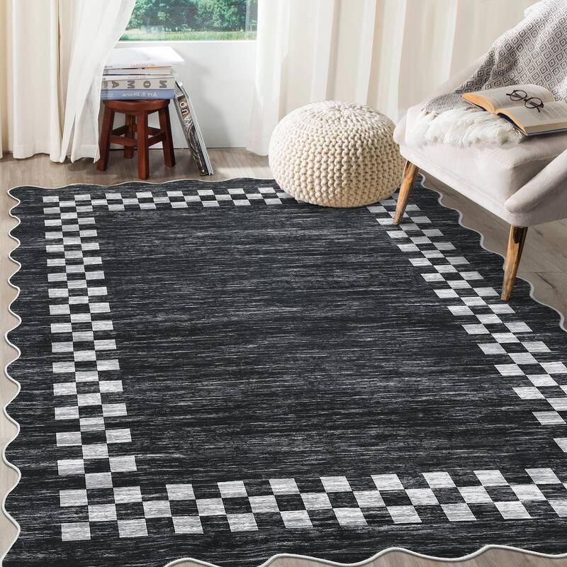 Garvee Bordered Dark Gray 5x7 Washable Rug for Living Room Large Bedroom Scalloped Rug Non Slip Stain Resistant Modern Border...