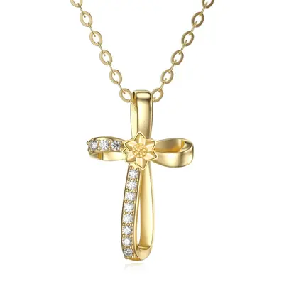 14K Gold Moissanite Daisy & Cross Pendant Necklace