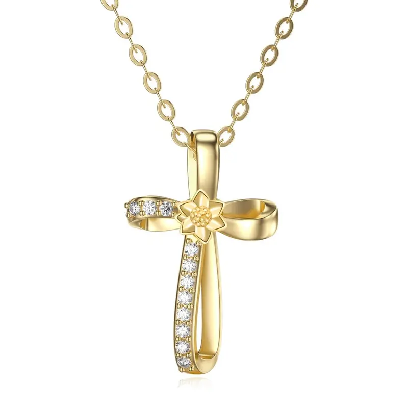 14K Gold Moissanite Daisy & Cross Pendant Necklace