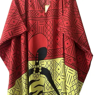 Plus Size Kaftan Dress - Red and Yellow Patterned Design with Unique Cut-Outs and Comfortable Fit