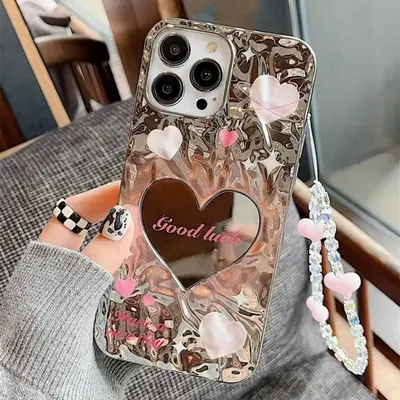 Heart Mirror Design Phone Case With Lanyard, Fashionable Ruffled Heart Mobile Phone Case, Decorative Phone Protective Cover�...