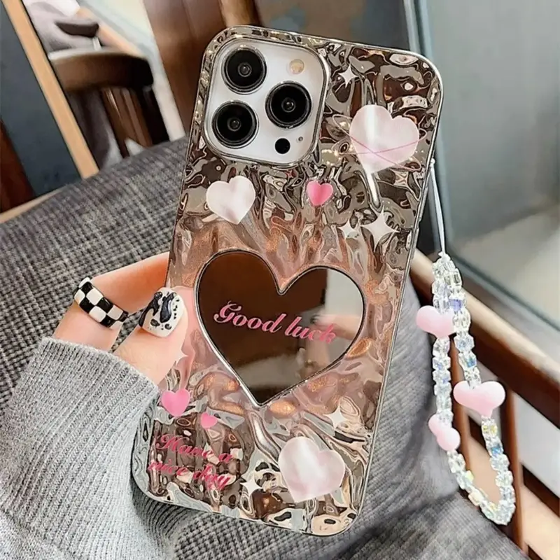 Heart Mirror Design Phone Case With Lanyard, Fashionable Ruffled Heart Mobile Phone Case, Decorative Phone Protective Cover�...