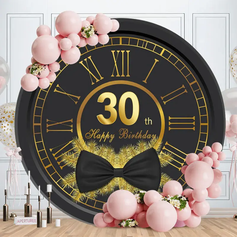 Aperturee Black Bowknot And Gold Clock Round 30th Birthday Backdrop
