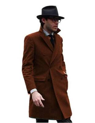 Double Breasted - Three Quarter Coat - Cashmere And Wool Topcoat + Style# Manhattan Brown
