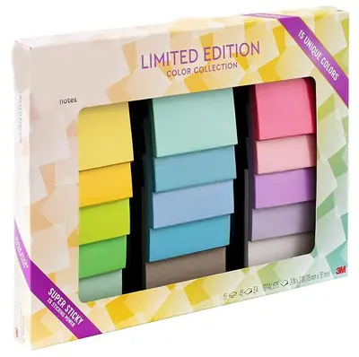 Super Sticky Notes, Limited Edition Color Collection, 3x3 in, 15 Pads/Pack, 45 Sheets/Pad