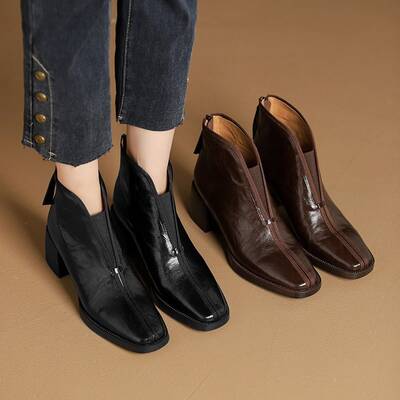 CHIKO Analicia Square Toe Block Heels Ankle Boots