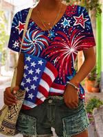 【Plus Size】 Star & Firework Print V Neck Tee, Casual Independence Day Printed Short Sleeve T-shirt for Daily Wear, Women ...