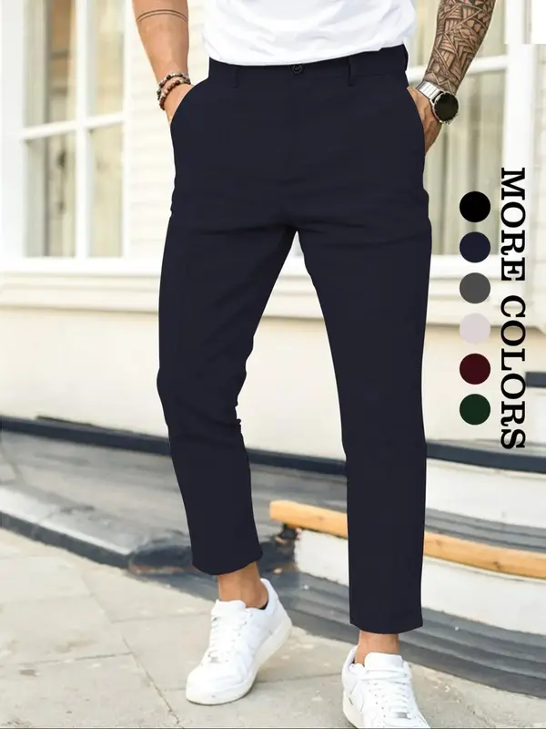 Men's Plain Button Fly Straight Leg Trousers, Menswear Pants, Summer Outfits 2024, Casual Slim Fit Comfortable Business Offi...