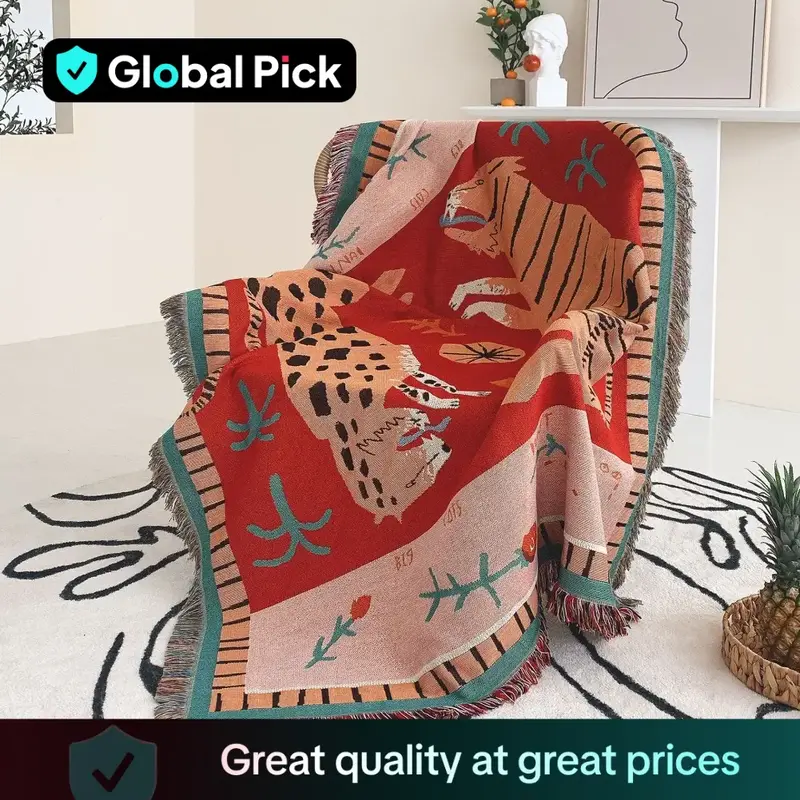 Leopard & Tiger & Floral Print Blanket, Christmas Decor Boho Soft Tassel Decor Throw Blanket, Air-conditioned Room Blanket, W...