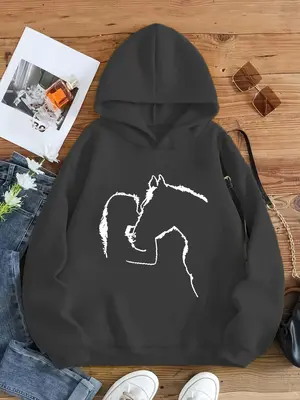 Girl's Horse & Figure Print Drop Shoulder Hoodie, Fashion Casual Long Sleeve Hooded Sweatshirt for Daily Outdoor Wear, Girls ...