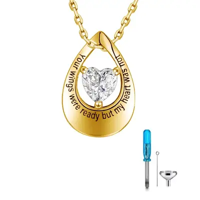 10K Gold Heart Cut Cubic Zirconia Drop Shape Urn Necklace for Ashes
