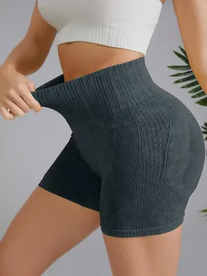 Women's Textured High Waist Sports Gym Shorts, Sport Plain Quick Drying Skinny Shorts, Ladies Summer Sportswear Clothing