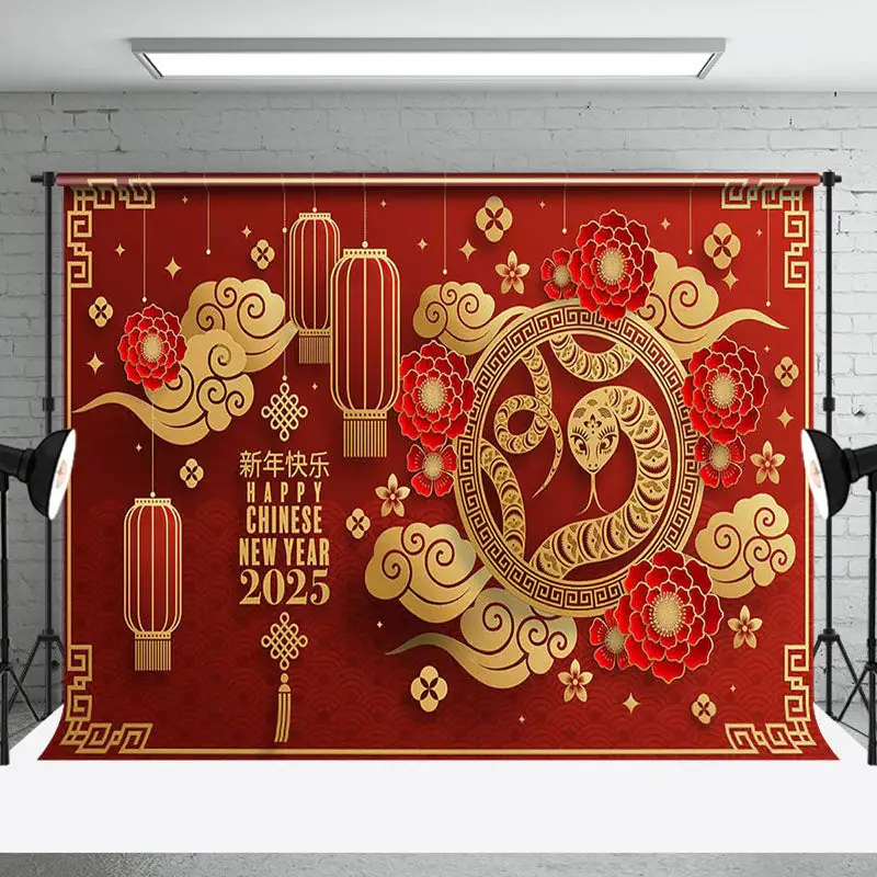 Aperturee Red Festive Snake Happy Chinese New Year Backdrop - Aperturee