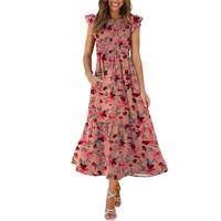 OFEEFAN Women's Casual Maxi Dresses with Pockets Ruffle Sleeve Smocked Dress XS-2XL