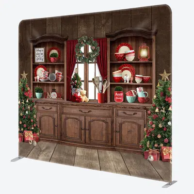 Aperturee Retro Wood Cupboard Christmas Tension Fabric Backdrop - Aperturee