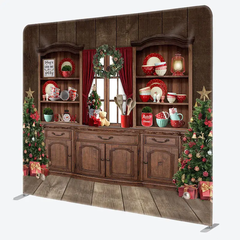Aperturee Retro Wood Cupboard Christmas Tension Fabric Backdrop - Aperturee