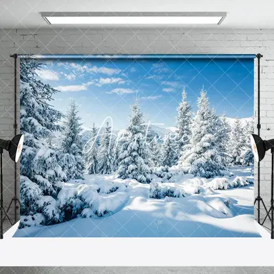 Aperturee Blue Sky Snowy Pine Forest Winter Photo Backdrop - Aperturee