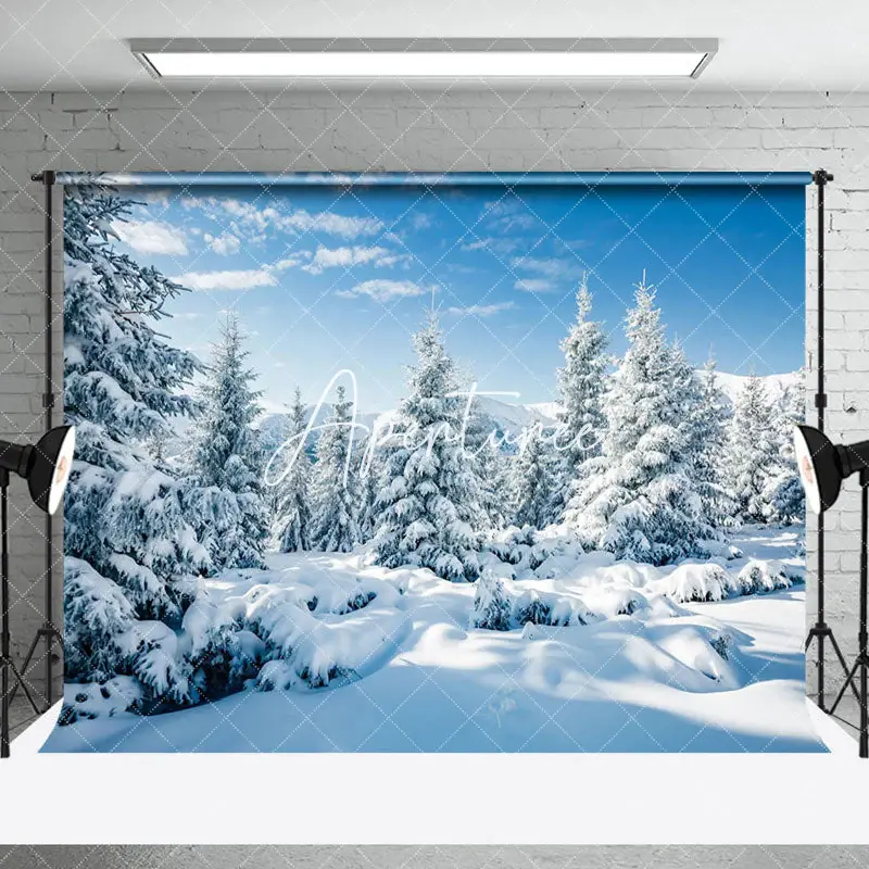 Aperturee Blue Sky Snowy Pine Forest Winter Photo Backdrop - Aperturee