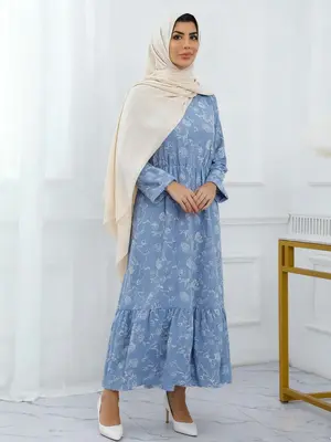 Muslim Women's Casual Comfortable Printed Dress, Loose-Fitting Woven Fabric, All Seasons Wear, Moderate Thickness, Perfect fo...