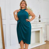 【16W-24W】Hanna Nikole Plus Size Dresses for Curvy Women Halterneck Sleeveless Wrap Front Ruched Bodycon Dress Party Dress...