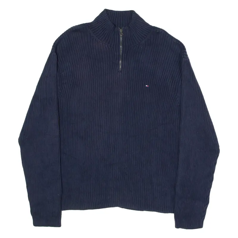 TOMMY HILFIGER Ribbed Mens Heavy Knit Jumper Blue 1/4 Zip 90s XL